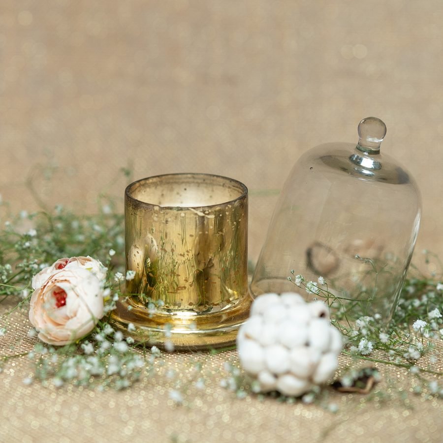 Gold mercury glass candle with glass dome